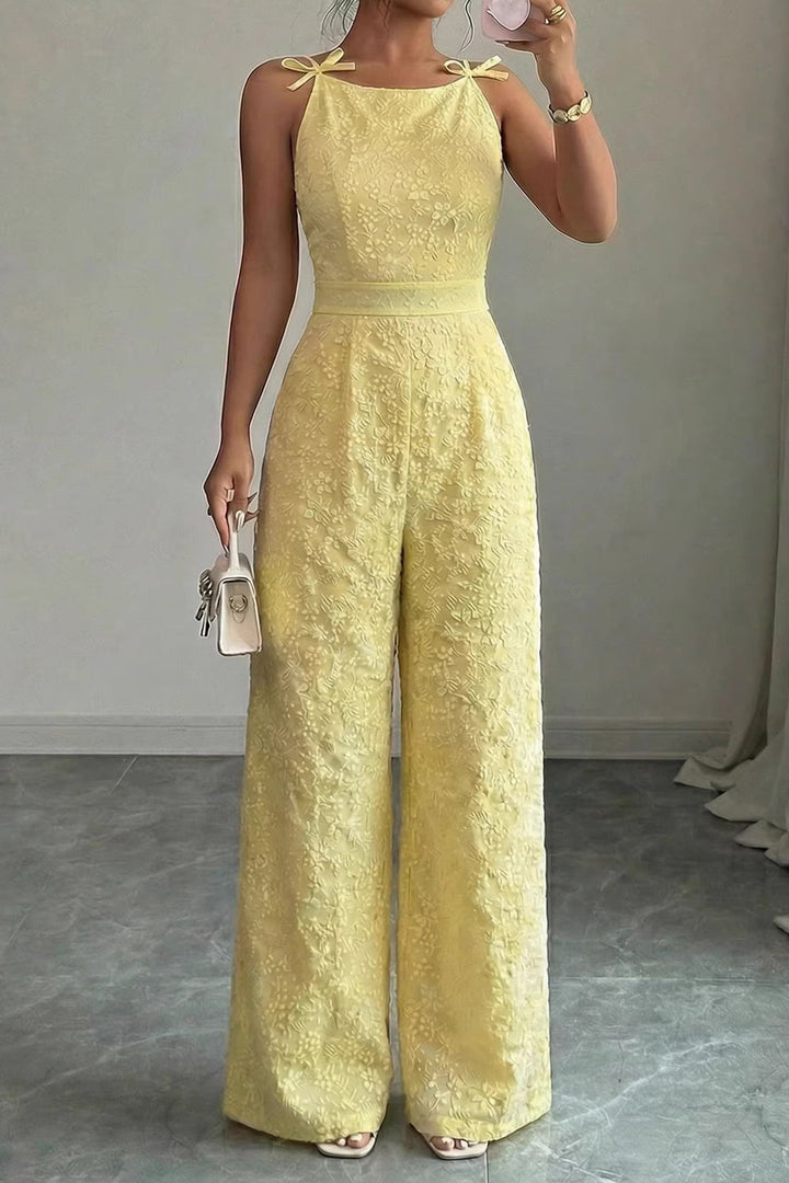 Foral Textured Round Neck Bow Sleeveless Jumpsuit