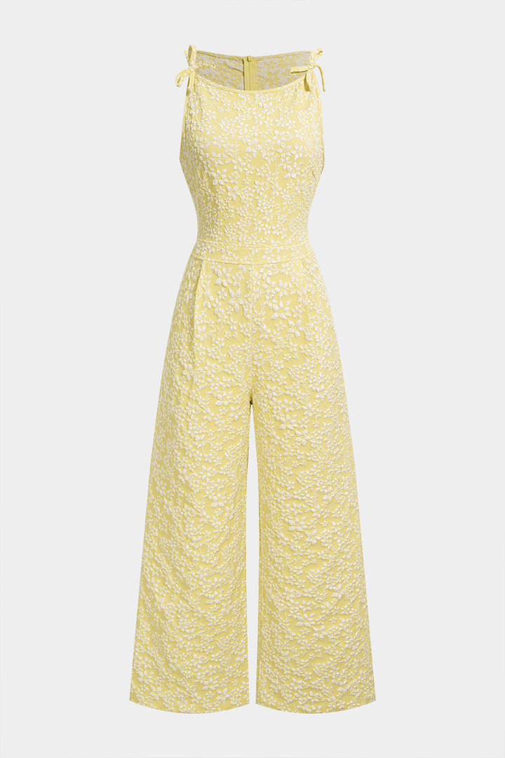 Foral Textured Round Neck Bow Sleeveless Jumpsuit