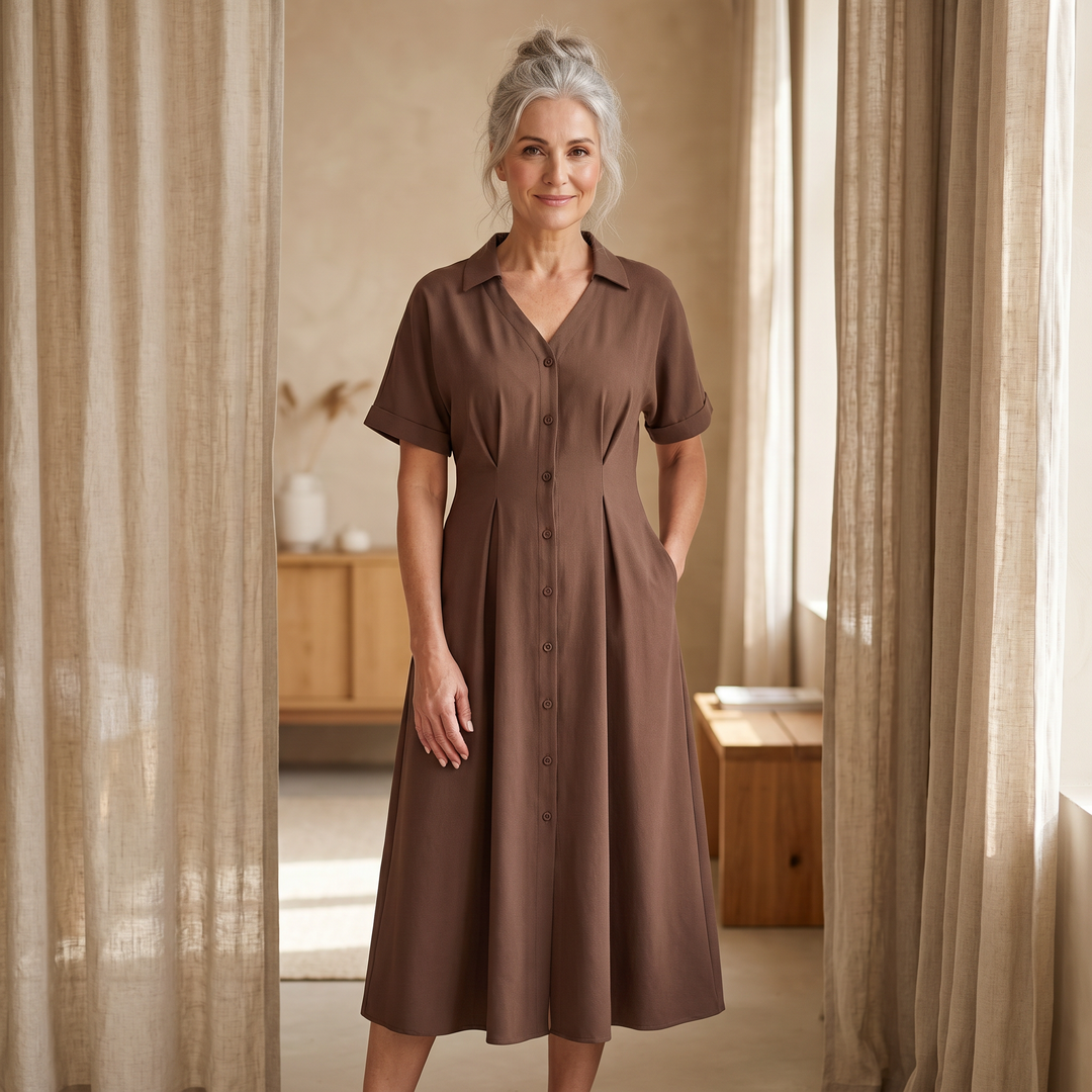 Pleated Button-Front Shirt Dress