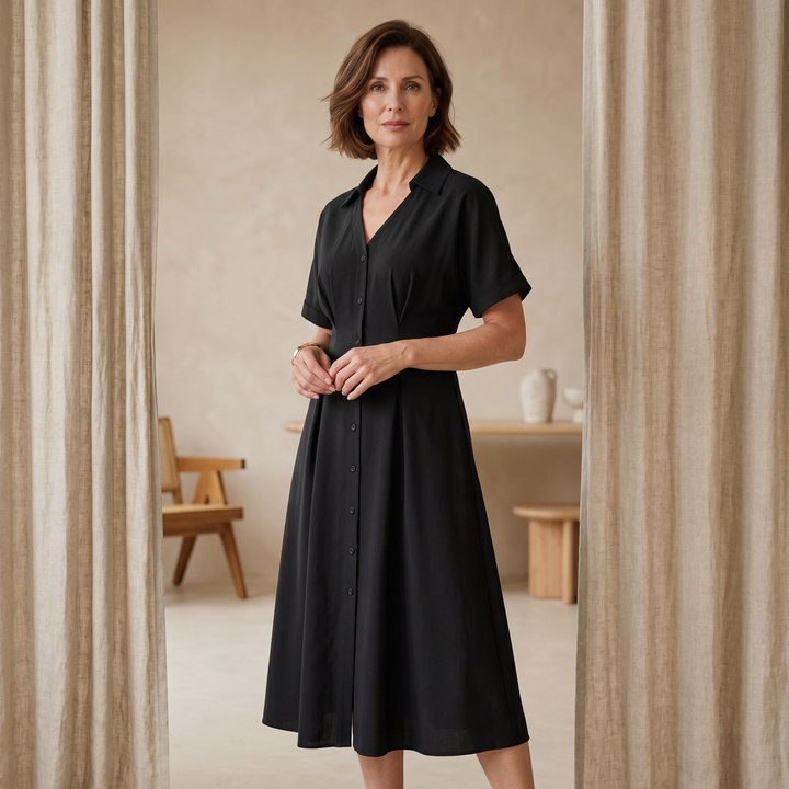 Pleated Button-Front Shirt Dress