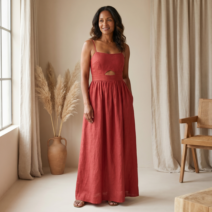 Cotton Sleeveless Pockets Cutout Long Dress
