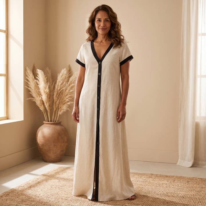 Cotton & Linen High-Slit Contrast Trim Dress