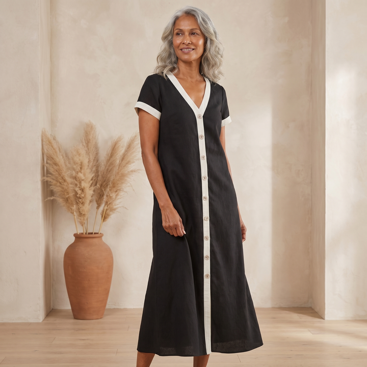 Cotton & Linen High-Slit Contrast Trim Dress